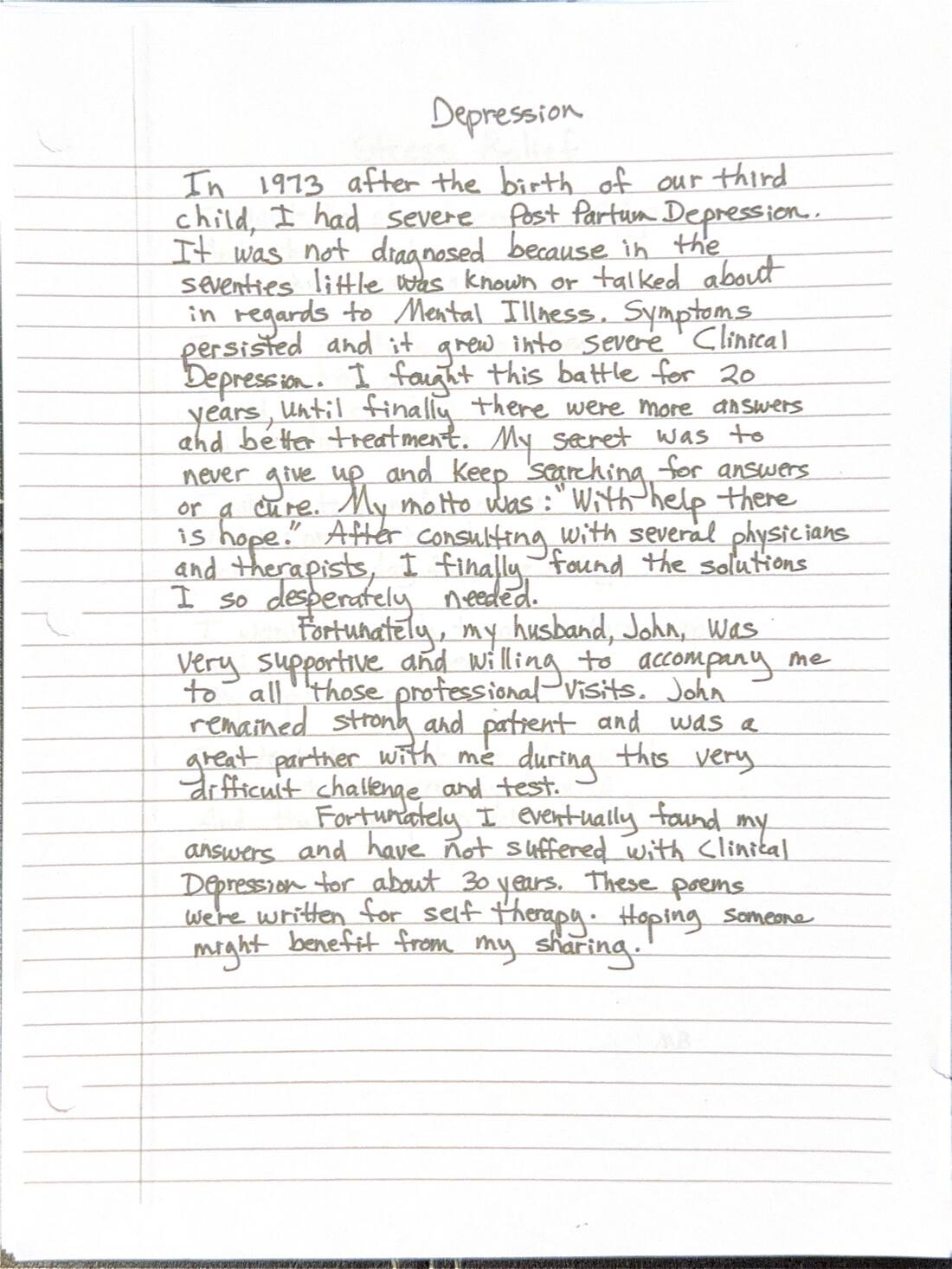 Handwritten foreword titled Depression
